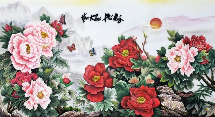 tranh phong thủy nhà bếp hoa mẫu đơn