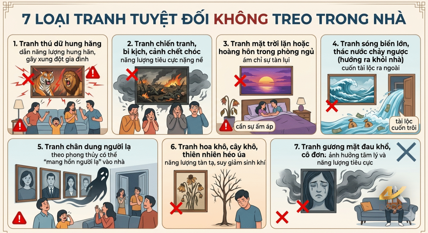 Cách chọn tranh phong thủy theo tuổi-7 Loại Tranh TUYỆT ĐỐI Không Treo Trong Nhà