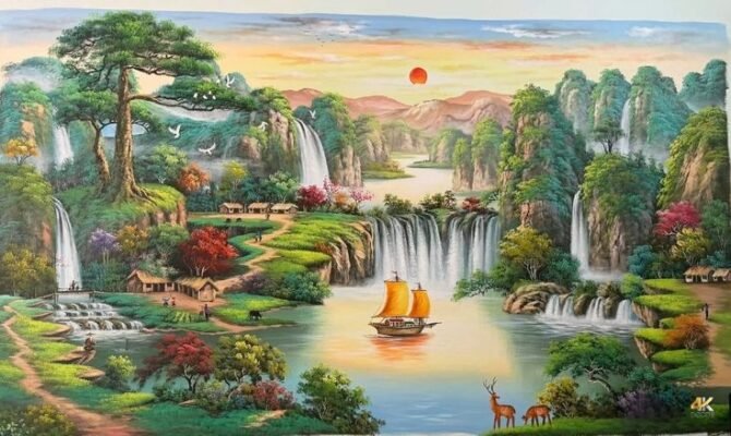 tranh phòng thủy phòng bếp sơn thuỷ hữu tình