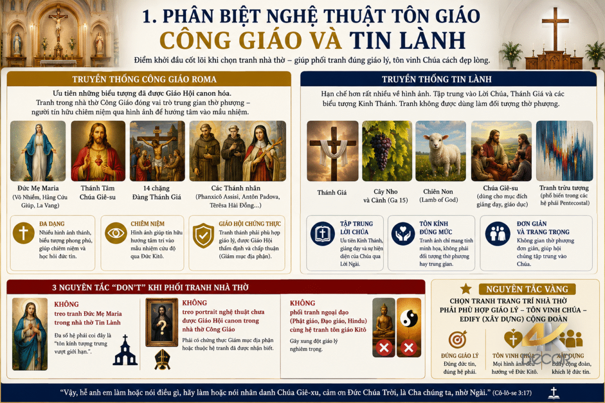 Tranh nhà thờ Công giáo và Tin Lành — so sánh phong cách nghệ thuật tôn giáo