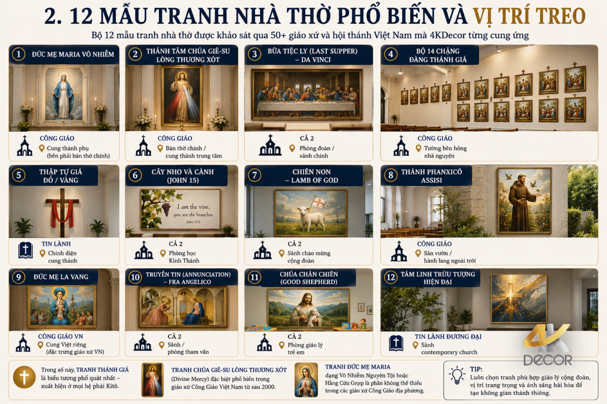 12 mẫu tranh nhà thờ phổ biến — gợi ý vị trí treo trong cung thánh và gian giáo dân