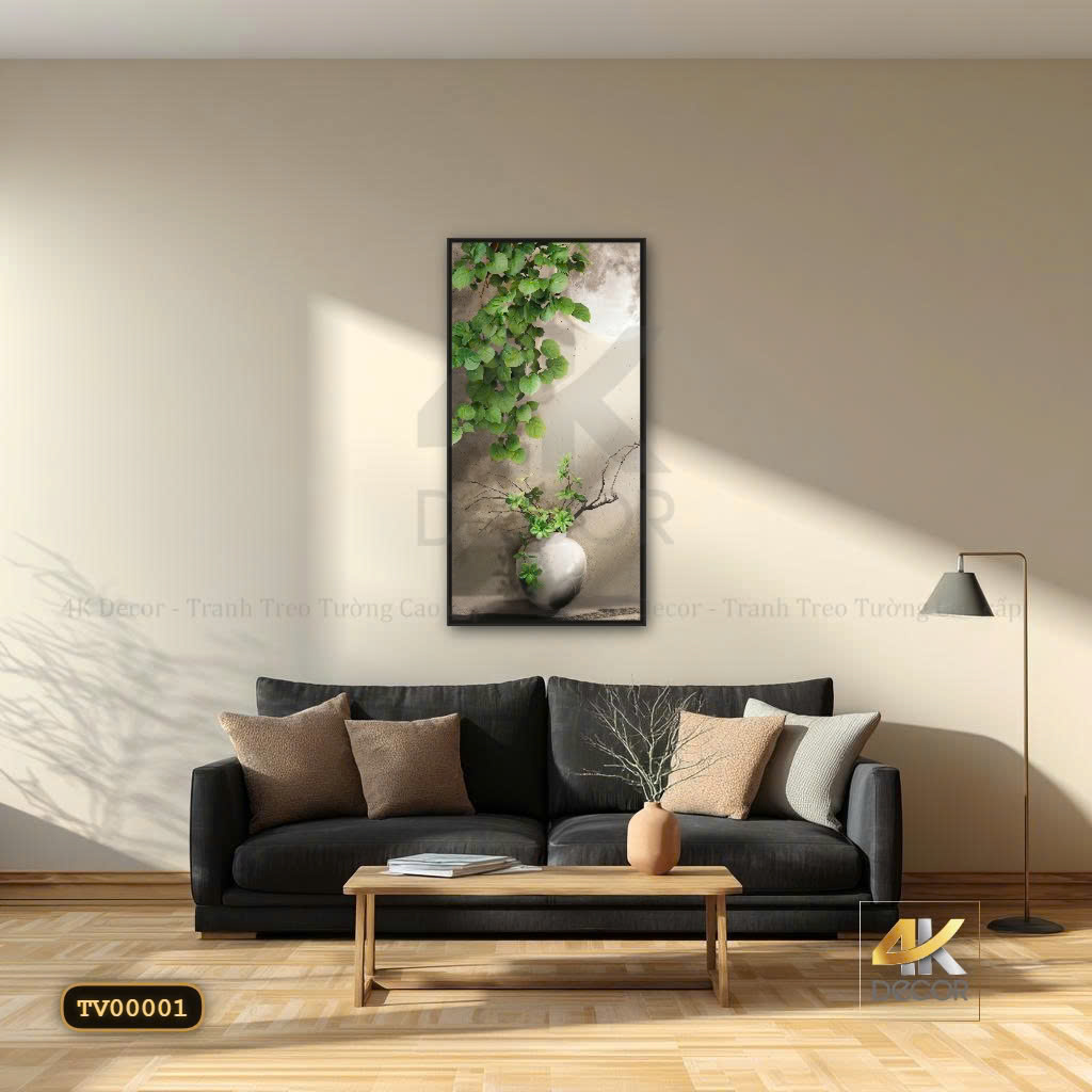 Tranh Canvas Bình Gốm Lá Xanh