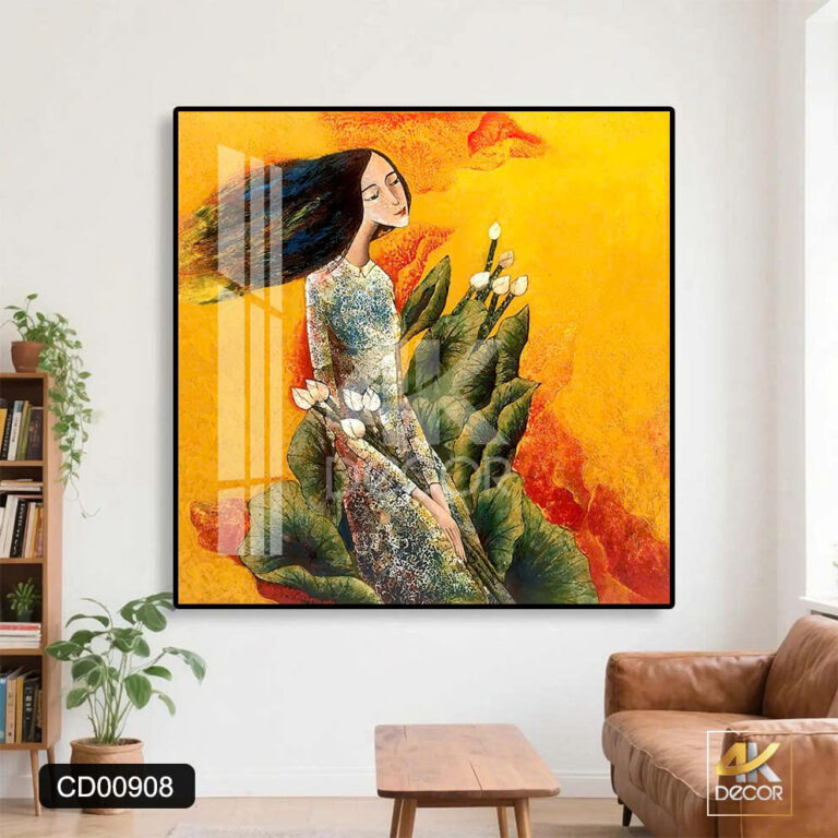 Tranh Tráng Gương Thiếu Nữ Sen Vàng