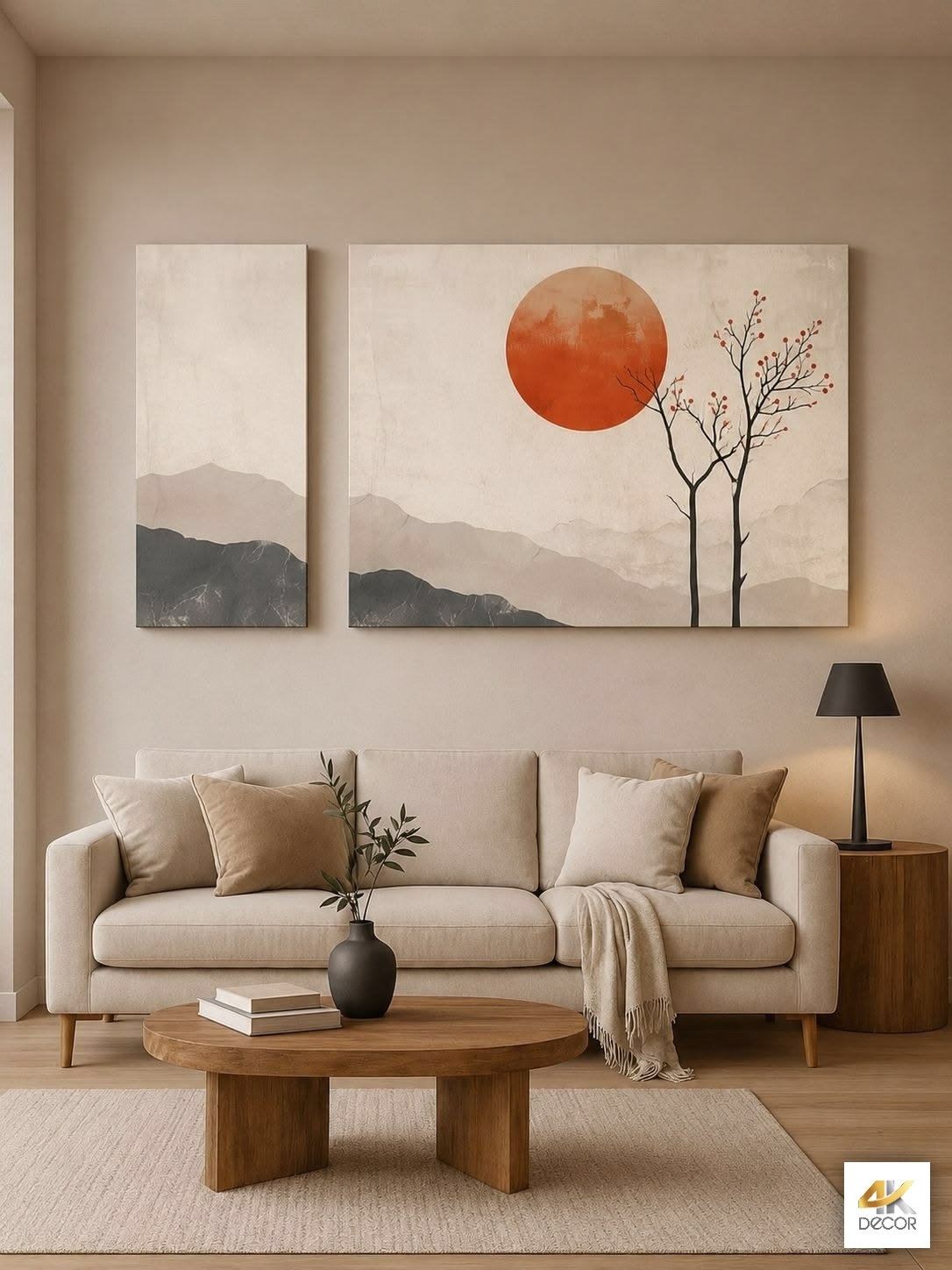 Tranh treo phòng khách biệt thự 2026 khổ lớn phong cảnh thiên nhiên treo trên mảng tường rộng sau bộ sofa sang trọng