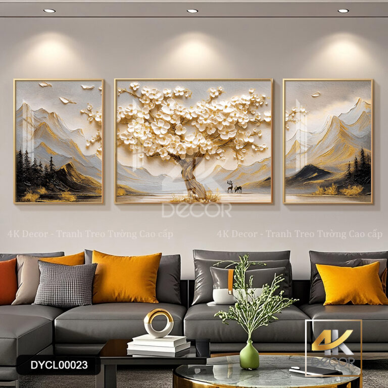 Tranh Tráng Gương Cây Hoa Trắng Và Núi Vàng