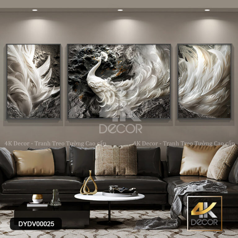 Tranh Canvas Bộ 3 Tấm Chim Công Trắng Hiện Đại