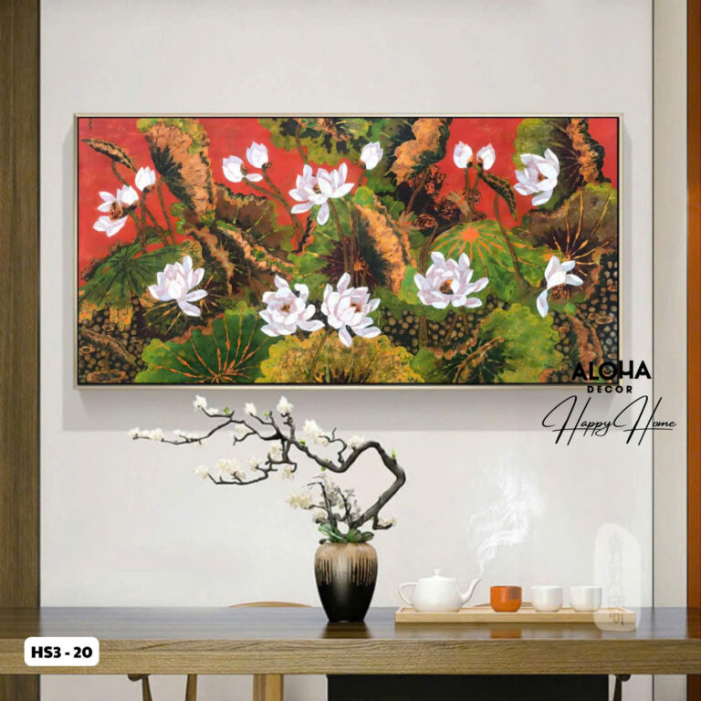 Tranh Canvas Sen Trắng Trên Nền Đỏ