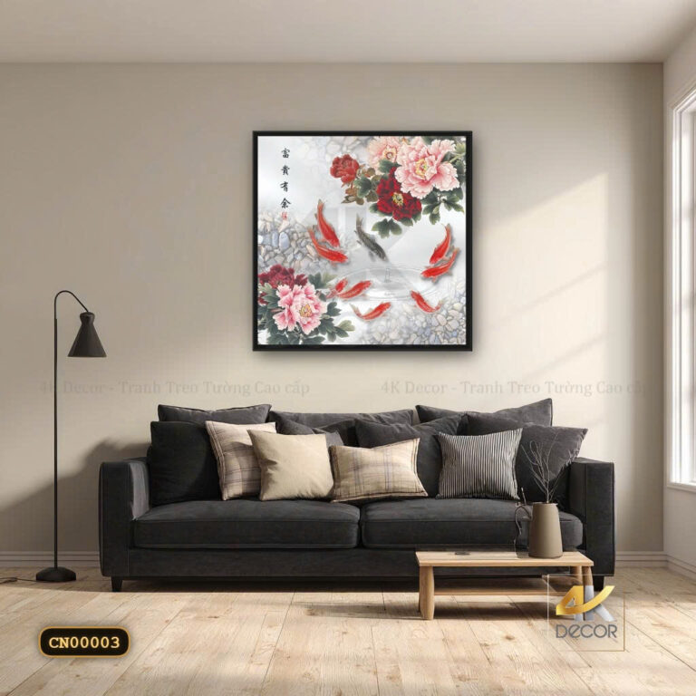 Tranh Canvas Cửu Ngư Hoa Mẫu Đơn