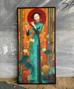 Tranh Canvas Thiếu Nữ Thổi Sáo Áo Dài