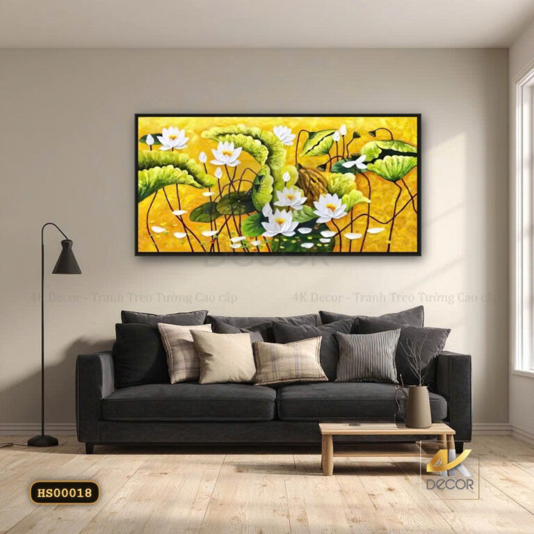 Tranh Canvas Sen Trắng Nền Vàng Thanh Tịnh