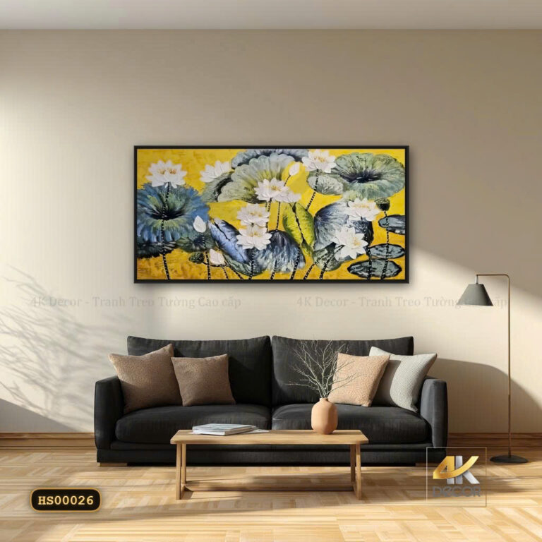 Tranh Canvas Sen Trắng Nền Vàng Xanh