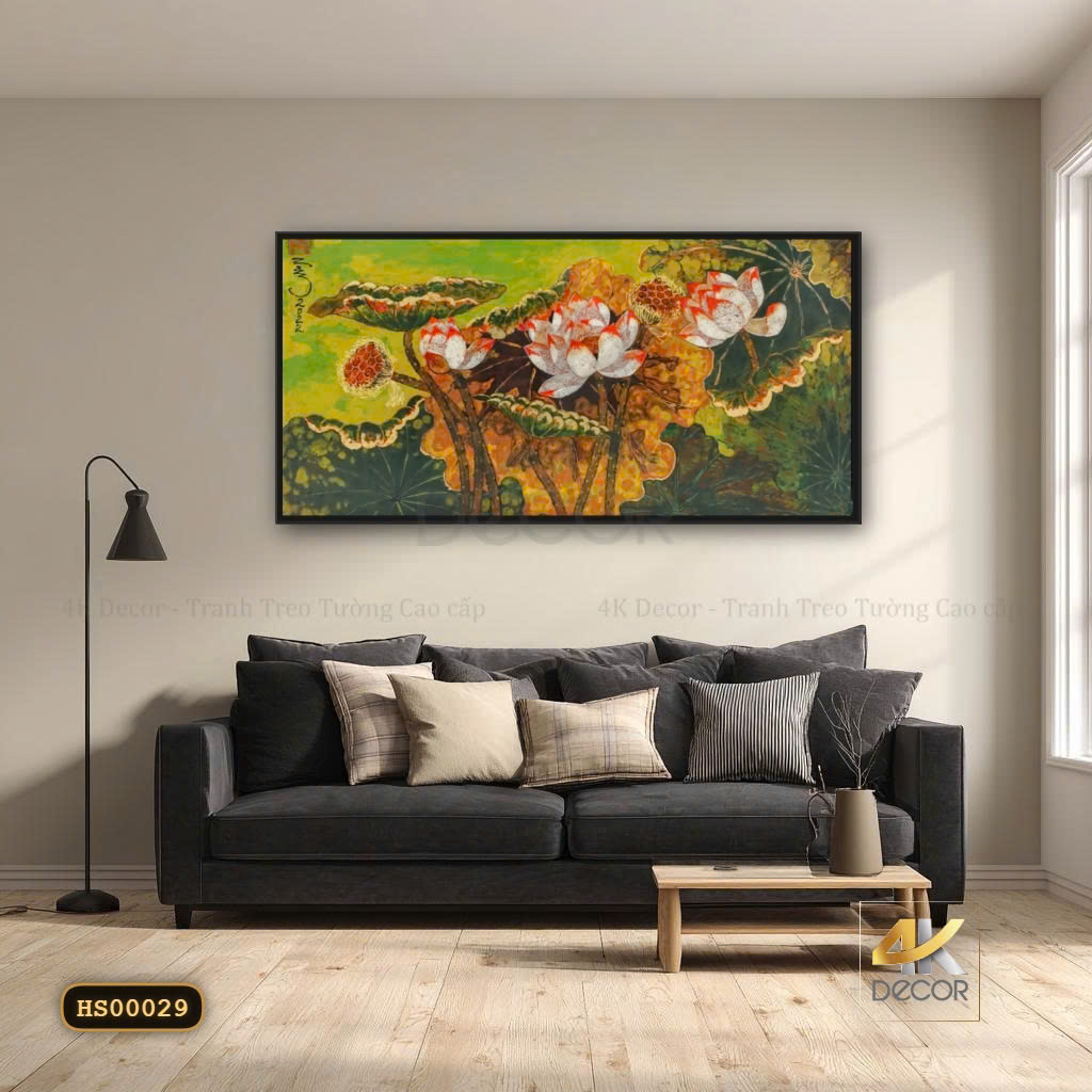 Tranh Canvas Sen Trắng Lá Vàng Xanh Nghệ Thuật