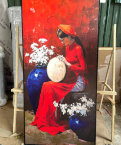 Tranh Canvas Cô Gái Áo Dài Đỏ Bên Hoa Trắng