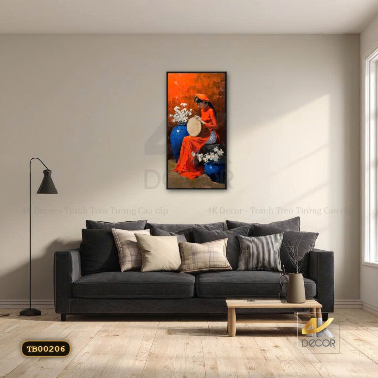 Tranh Canvas Cô Gái Áo Dài Đỏ Bên Hoa Trắng