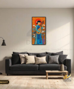 Tranh Canvas Thiếu Nữ Áo Dài Chơi Đàn Tỳ Bà Bên Hoa Sen