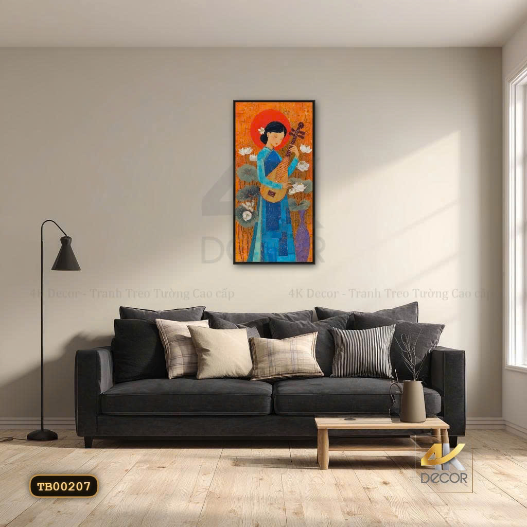 Tranh Canvas Thiếu Nữ Áo Dài Chơi Đàn Tỳ Bà Bên Hoa Sen
