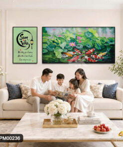 Tranh Canvas Bộ 2 Tấm Sum Vầy Cửu Ngư Đầm Sen