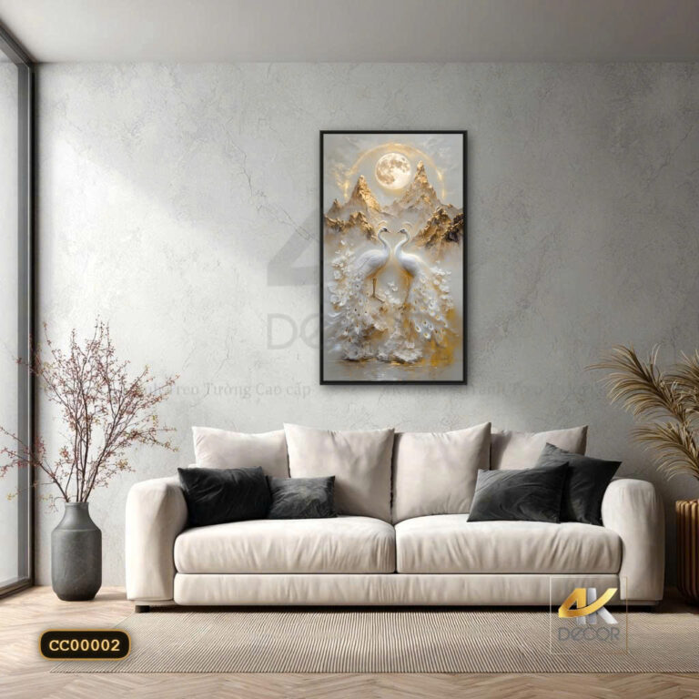 Tranh Canvas Đôi Chim Công Bạch Ngọc Dưới Trăng