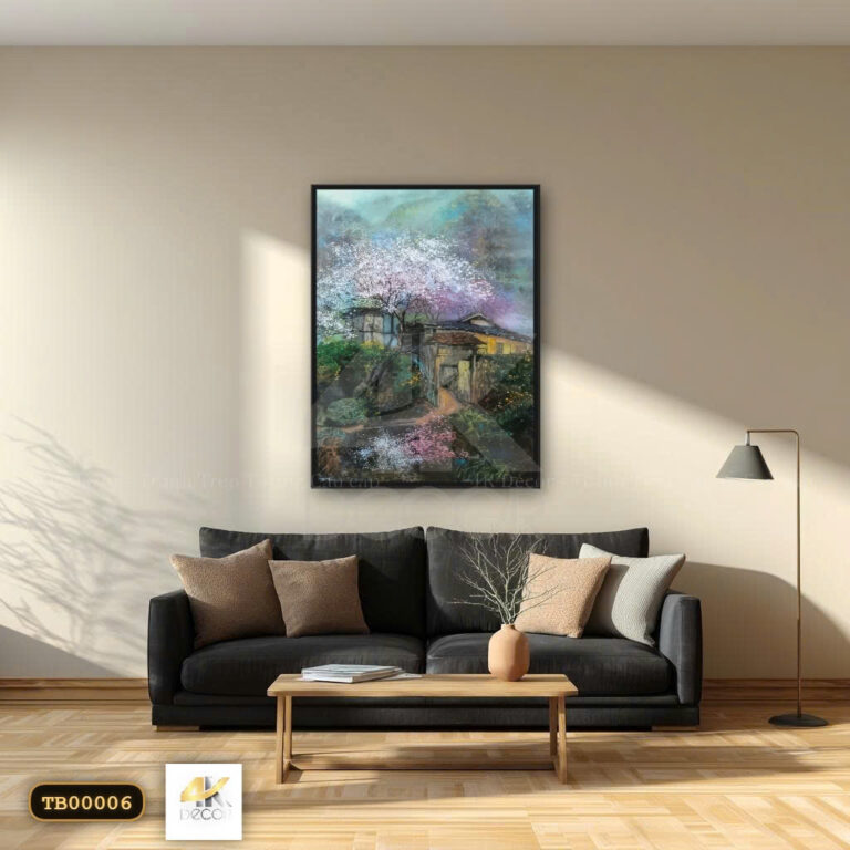 Tranh Canvas Sắc Xuân Bản Làng Khói Sương