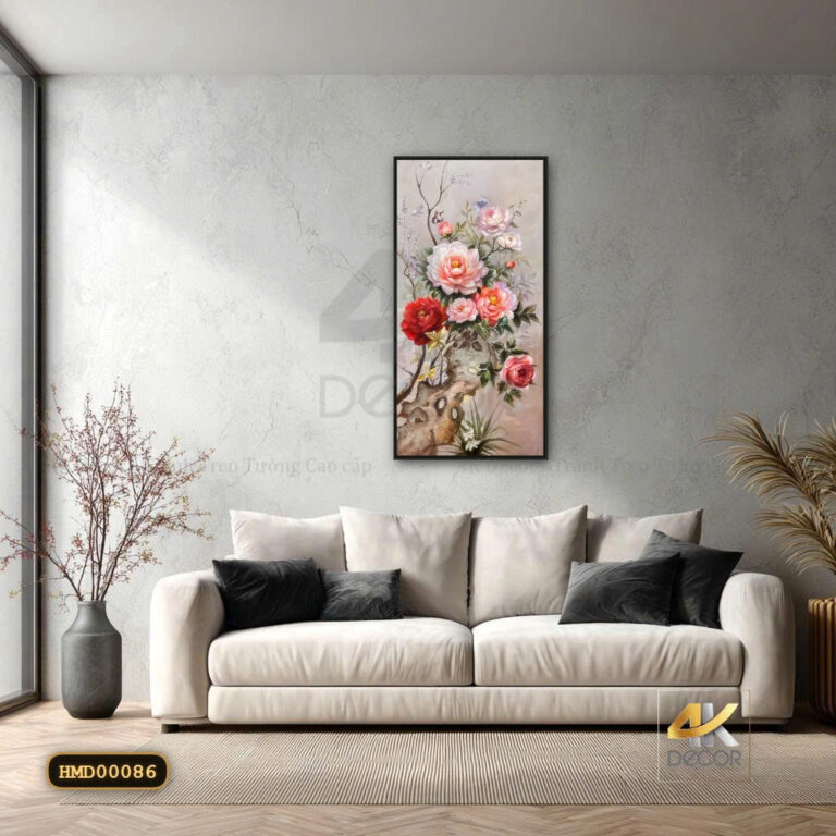 Tranh Canvas Hoa Mẫu Đơn Phú Quý Bên Gốc Cổ Thụ