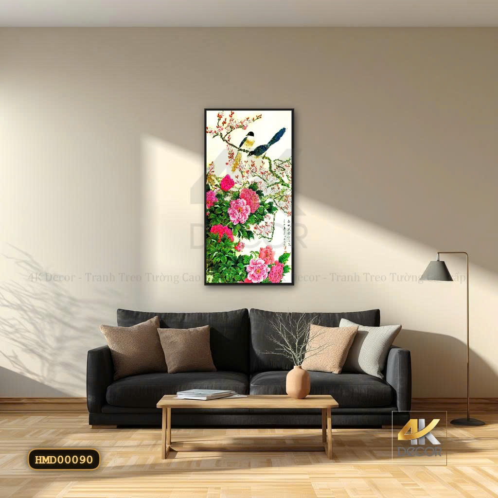 Tranh Canvas Hoa Mẫu Đơn Song Điểu Phú Quý